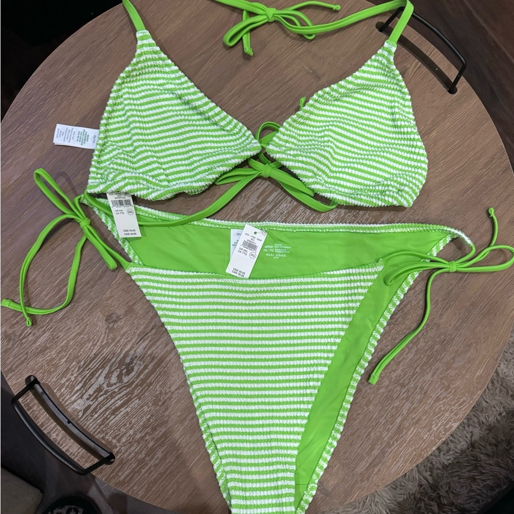 XXL aerie Lime Green and White Striped Bikini- discontinued